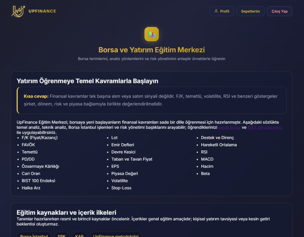 UpFinance Eğitim Merkezi — Temel Analiz Göstergeleri ve Finansal Okuryazarlık Sözlüğü
