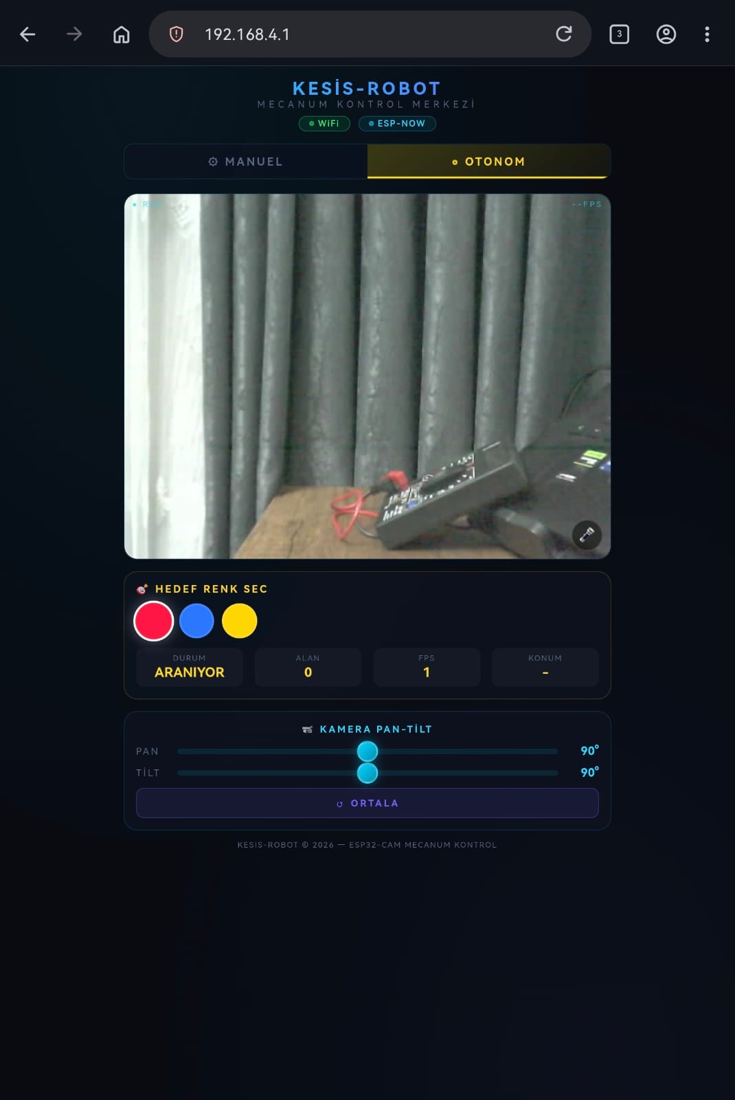Web arayüzü — Manuel kontrol modu (Joystick, hız ayarı ve canlı kamera görüntüsü)